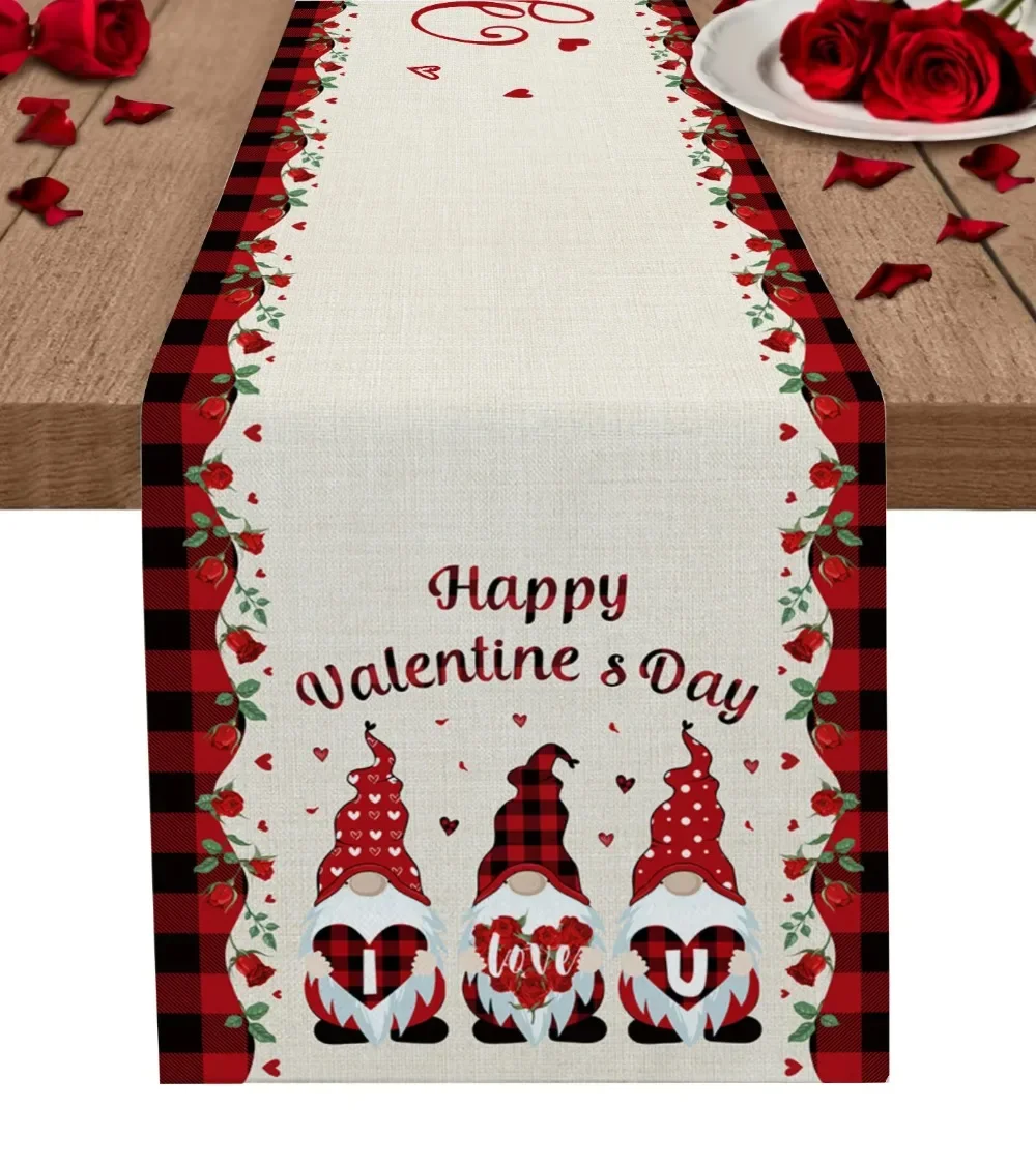 Valentinstag Gnome Love Roses Leinen Tischläufer Hochzeit Esszimmer Dekoration Urlaub Tischdecke