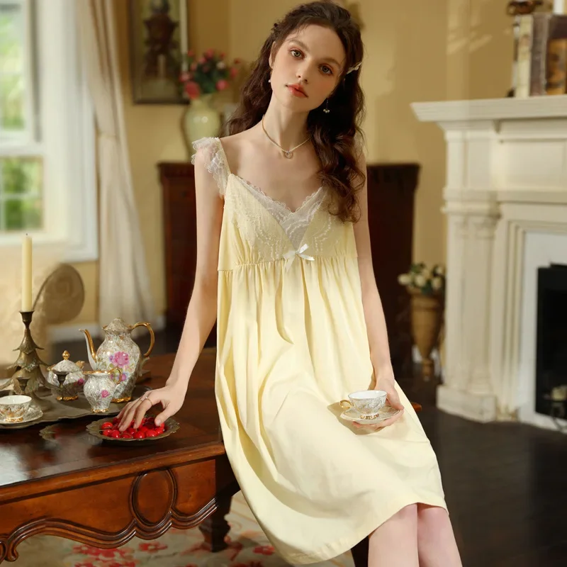 Lace V-neck With Bra Pads Cotton Sleepwear For Women Elegant Princess  Summer  Loose Home Dress  High Quality French Victorian - view 2