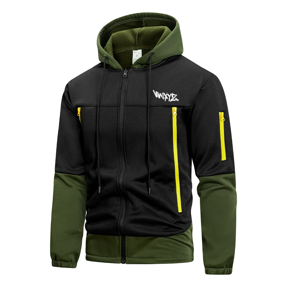 Men's Zipper Hoodies With Creative Twisted Letter Print Warm Sweatshirt Multiple Zipper Pockets Fitness Training Casual Top