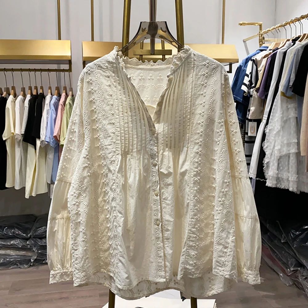 

Elegant Women Jacquared Tops Shirt Lace Collar One Breasted Pullover Loose Blouses Female Casual Long Sleeve Cardigan T-shirt