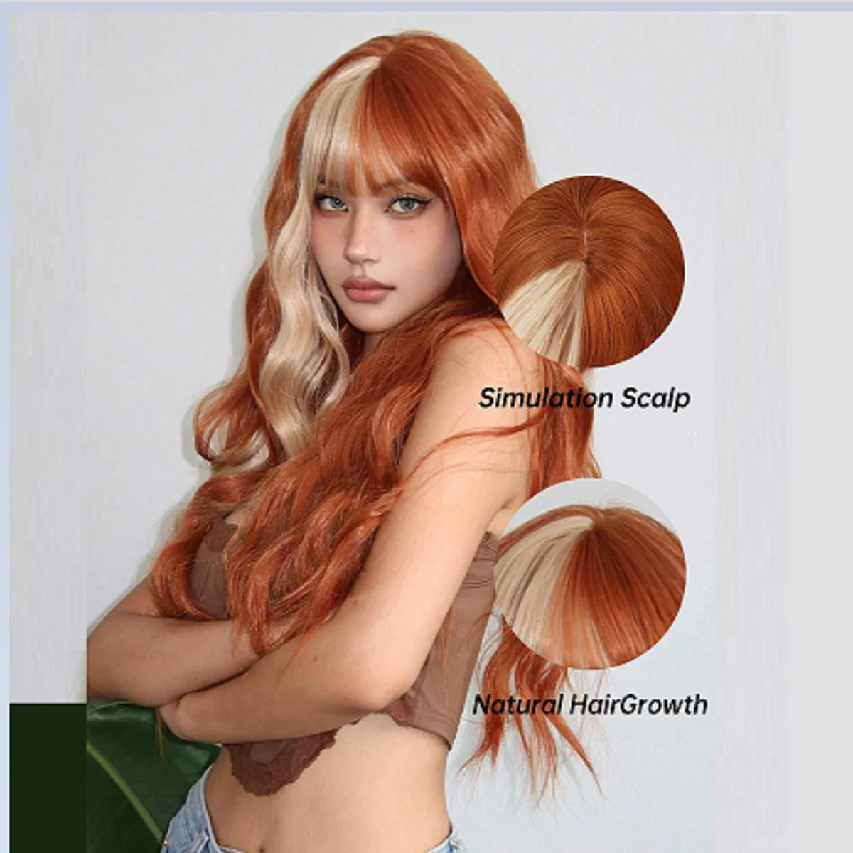 Peluca sintética ondulada larga con flequillo para mujer, cabello resistente al calor, naranja, cobre, jengibre, Rubio degradado, Cosplay, navidad