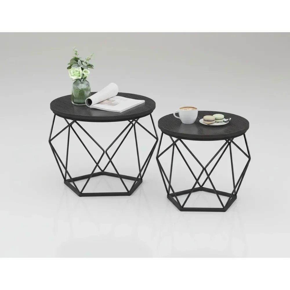 

Набор круглых журнальных столиков из 2 предметов, приставные столики со стальным каркасом для гостиной, спальни, офиса, угольный и черный