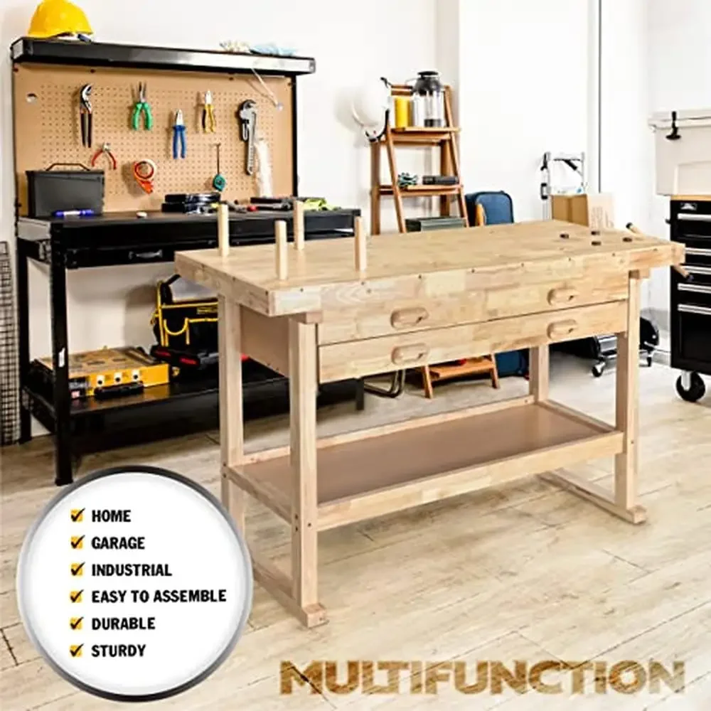 Workbench ไม้ 60 นิ้วไม้ยาง 4 ลิ้นชัก 450lbs ความจุโรงรถ Home Workshop Bench