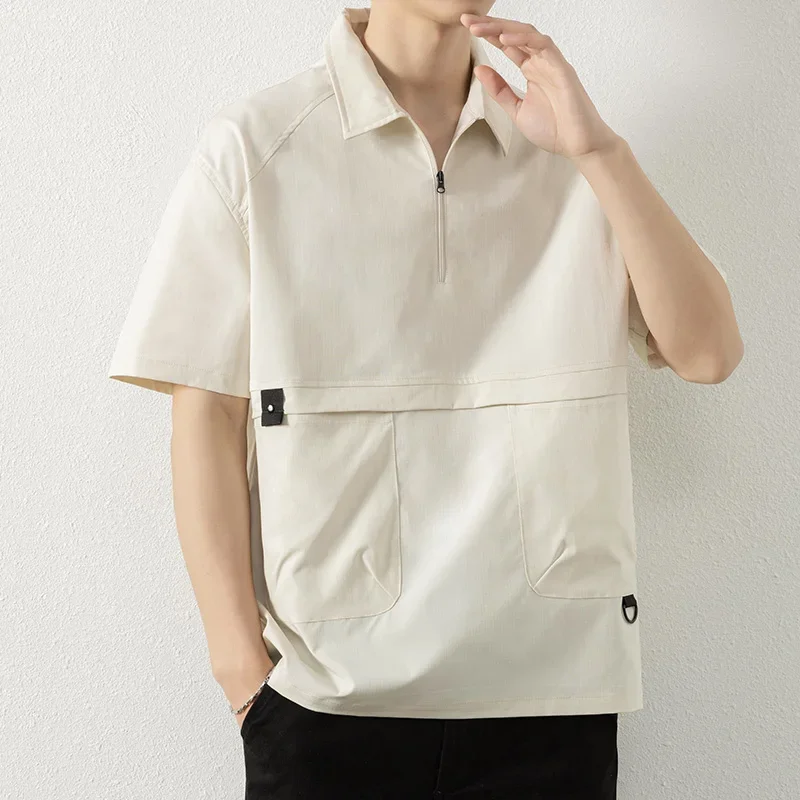 Polo T Shirt Men Vintage Japan Style Solid Color Work Wear T Shirts With Pockets Street Fashion Men Clothing 2024