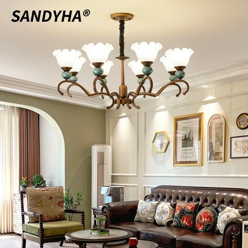 

SANDYHA средневековый стиль ретро люстра стеклянный цветок подвесной светильник для спальни гостиной ресторан художественный декор светодиодное освещение