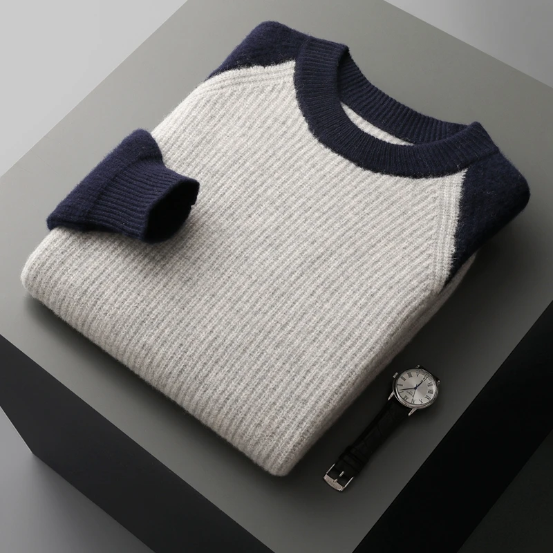 100% Merino Wool Men's O-neck Thickened Pullover Casual Loose Contrast Color Cashmere Sweater 2023 Autumn Winter Warm Underlay