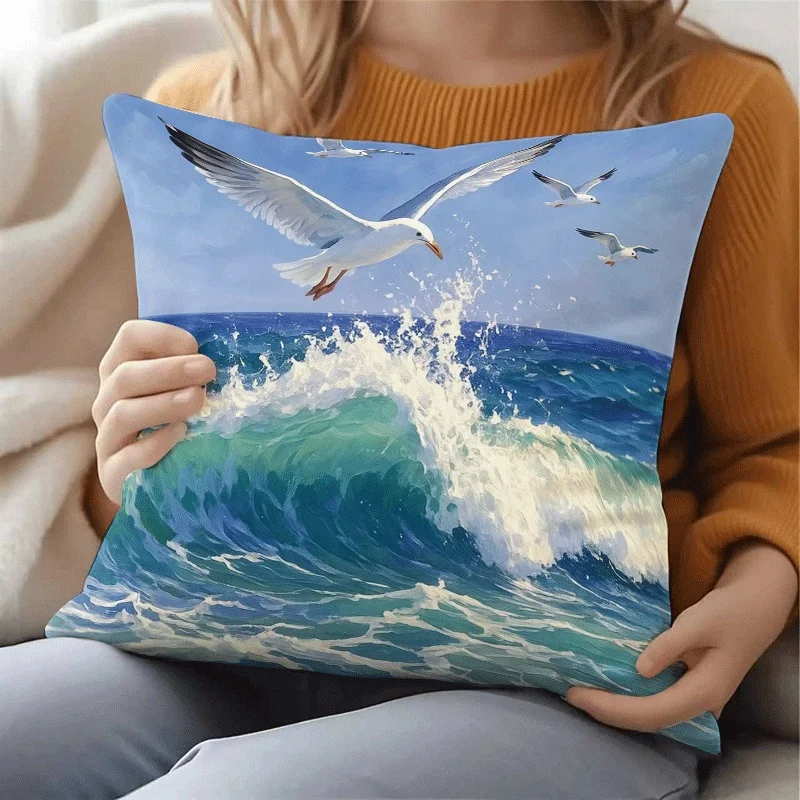 1pc 2D Flat Pillow Not Included Seagulls Ocean Waves Painting Cushion Cover Short Plush Coastal Home Decor Gift Case