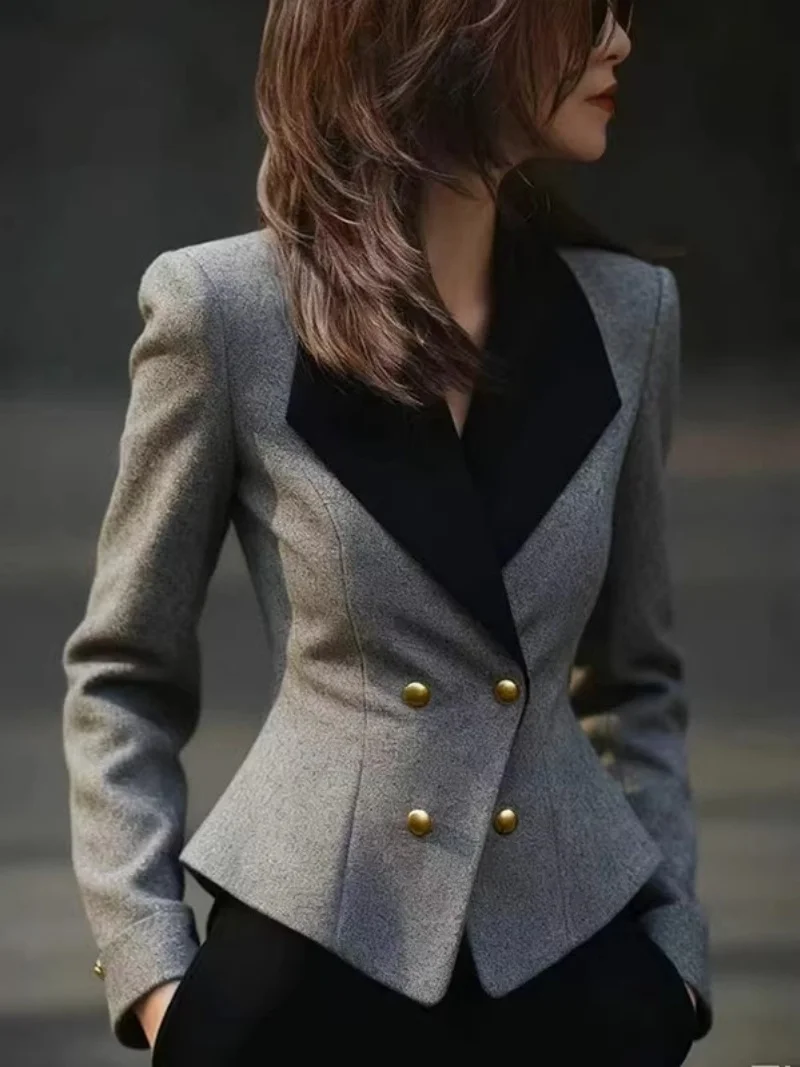 Women‘s Double Breasted Blazer Contrast Color Spliced Lapel Slim Fit Suit Jacket, Business Commuting Office Wear, Spring w1911