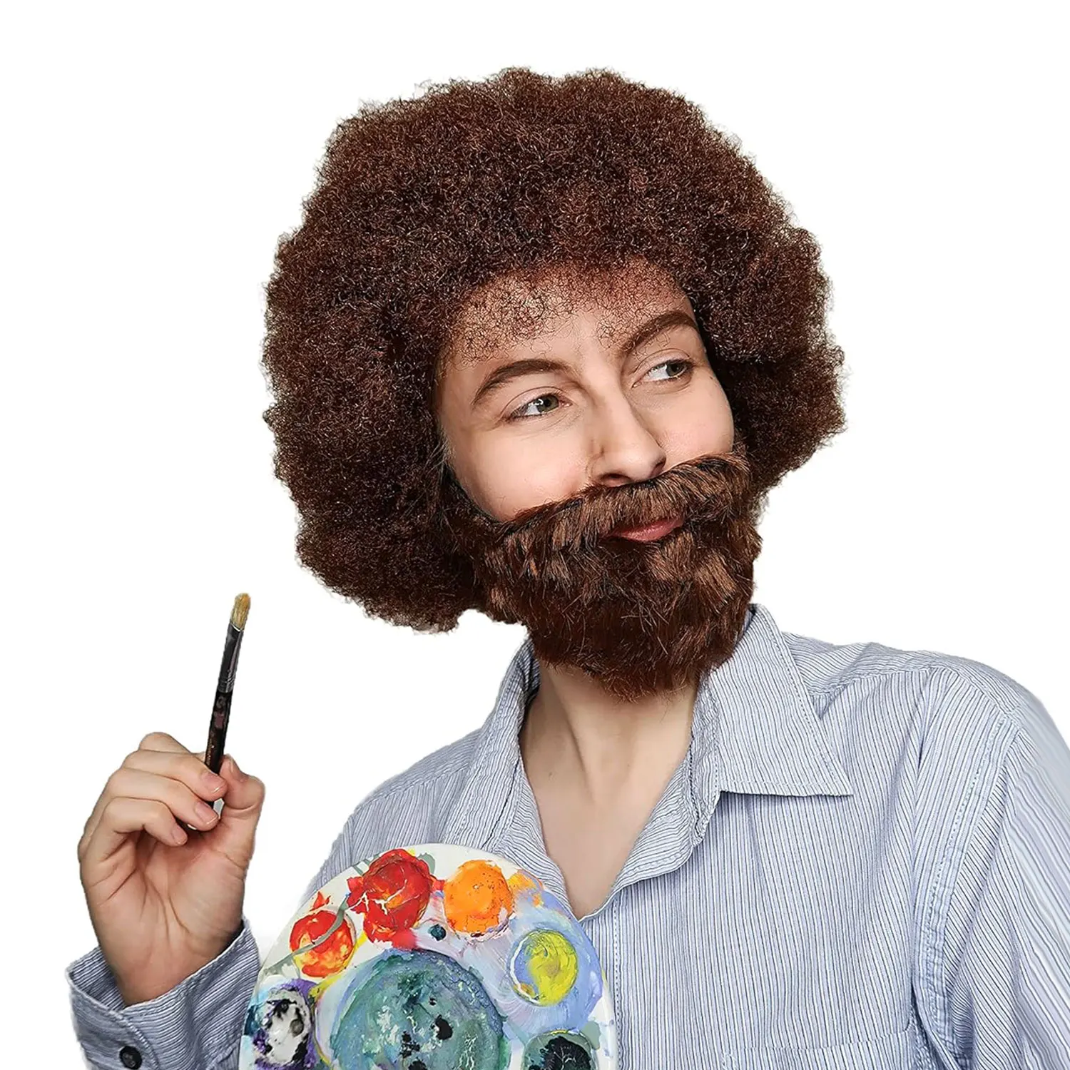 Men's Joyful Painter Wig Synthetic 80's Painter Boss Ross Wig&Beard Realistic Curly Brown Afro Wig for Cosplay Painter Ross Wig