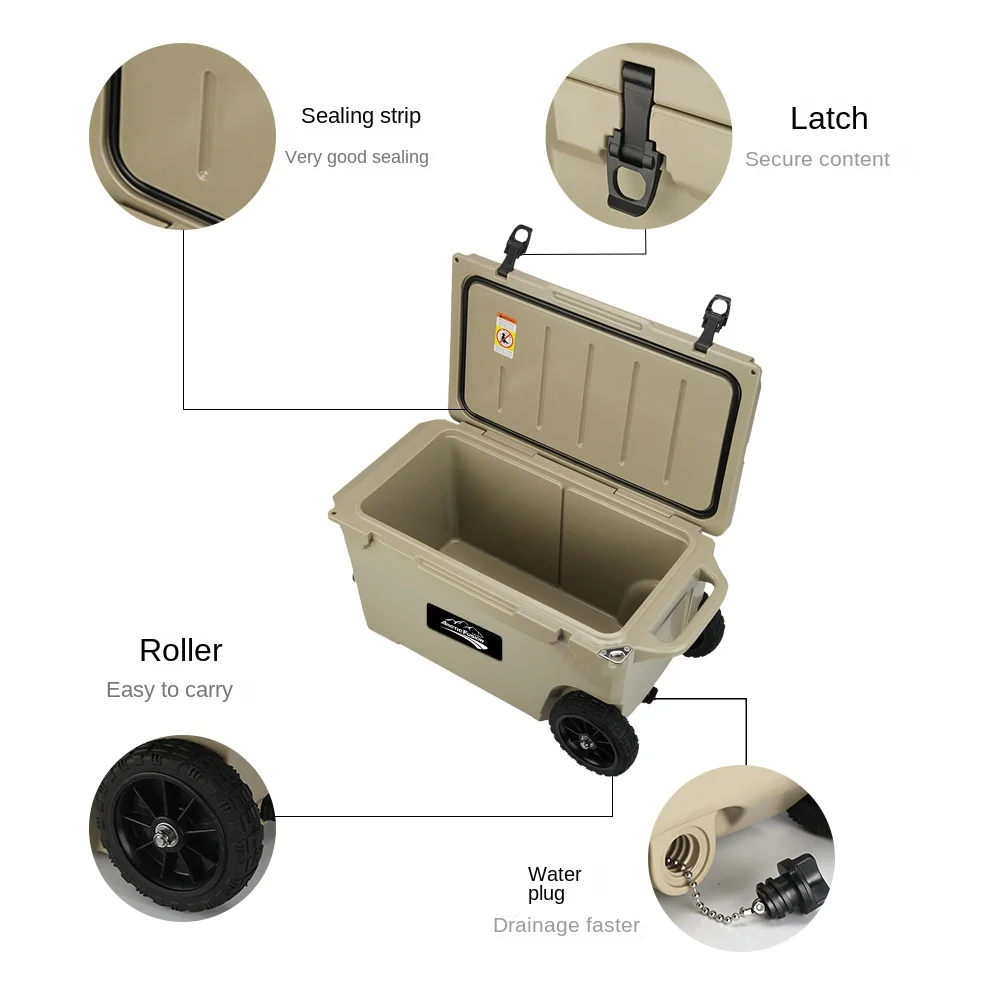 

Rotomolded 60L Hard Cooler Box with Wheels Printed Fieldbar Camping Ice Cooler for Food Ice Chest for Outdoor Use