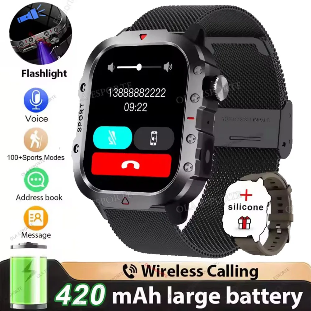 2026 Nieuwe Militaire kwaliteit Smart Horloge Mannen GPS Zaklamp 3ATM Waterdicht Horloge Bluetooth Oproep 100 + Sport Outdoor Smartwatch Pk MA27