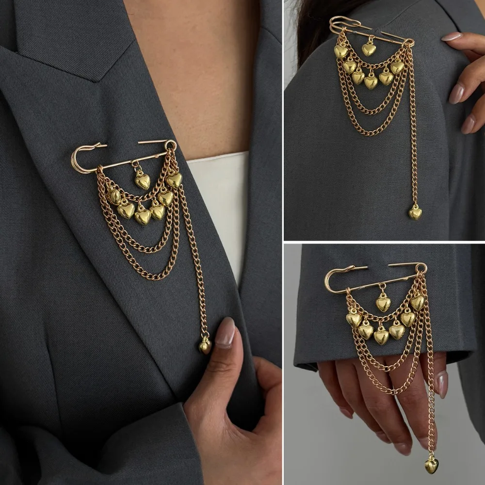 Heart-shaped Brooch Metal Tassel Chain Multi-function Lapel Pins for Women Clothing Scarf Decoration Fashion Jewelry Girls