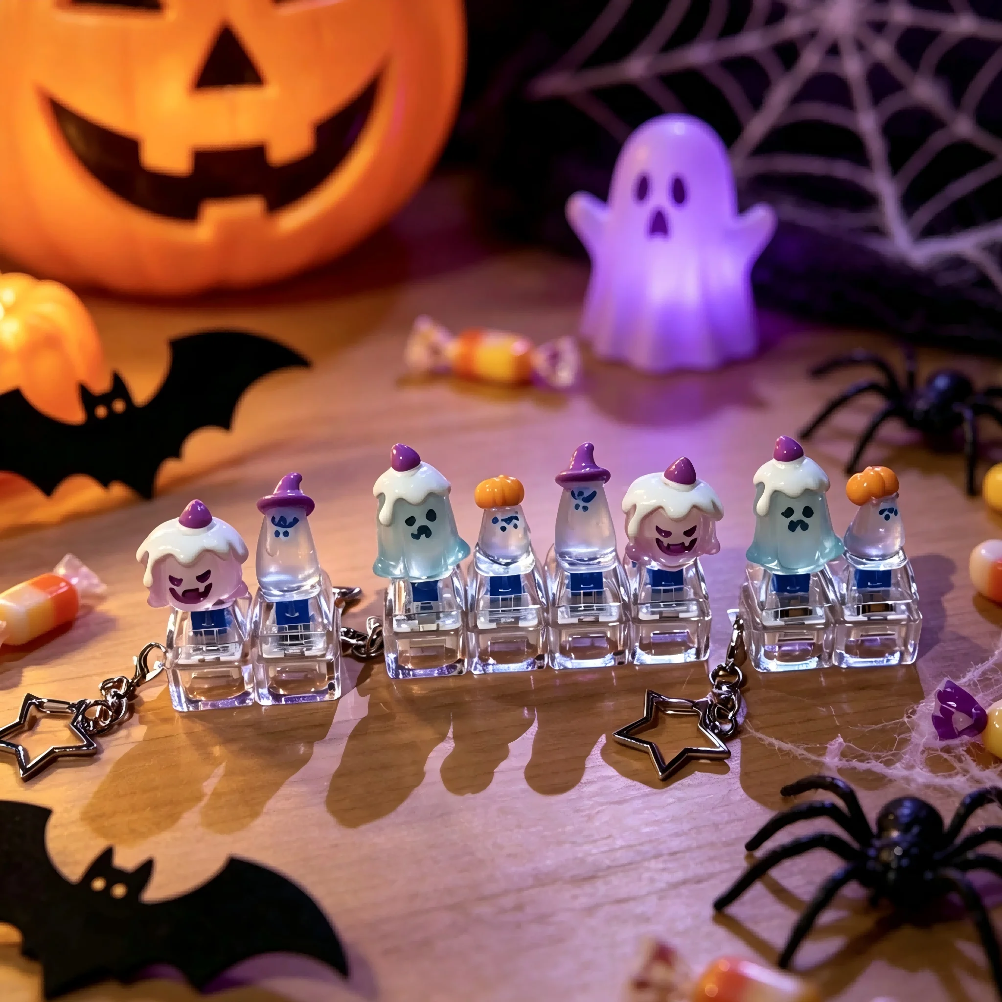 Halloween 4‑Key Strip DIY Fidget Keychain Fun Press Button Stress Relief Toy Novelty Key Ring Pendant