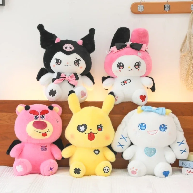 Muñecos de peluche de oso de fresa de gran tamaño para niñas, juguetes de peluche Kawaii, almohada, diablo, Pikachu, Kuromi Melody, Cinnamoroll