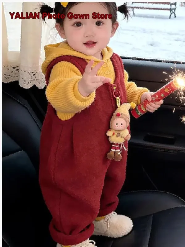 Baby Girls Festive New Year Clothes 2026 Suspender Jumpsuit Elf Hat Kids Set