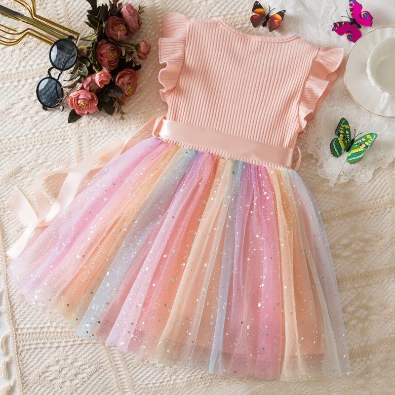 Frozen Kleinkind Mädchen Kleid Pailletten Geburtstag 1-5Y Mädchen Regenbogen Tüll Kleid Süßes Kind Prinzessin Kleid Hochzeit Party Süßes Kleid Geschenk