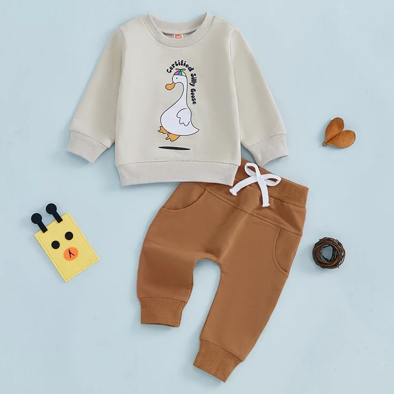 

Toddler Baby Boy 2pcs Pants Clothing Suits Fashion Goose Letter Print Long Sleeve Sweatshirt Drawstring Pocket Pants Outfits