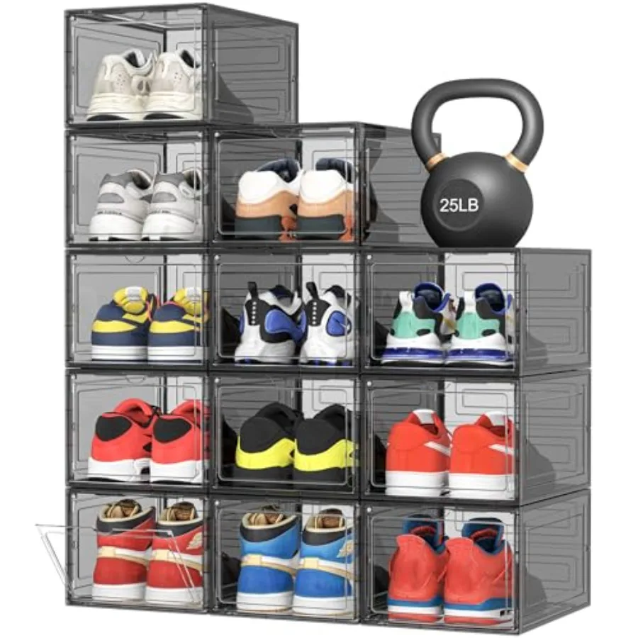 

Upgraded Hard Shoe Storage Box 12 Pack X-Large Fit Size 12 Thicken and Sturdy Plastic Stackable Shoe Organizer Box Closet Sneak