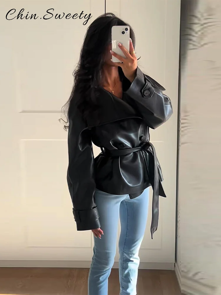 Veste en cuir Vintage à lacets pour femme, Slim, revers solide, manches longues, Chic, vestes de moto, automne 2021, vêtements d'extérieur assortis Y2K