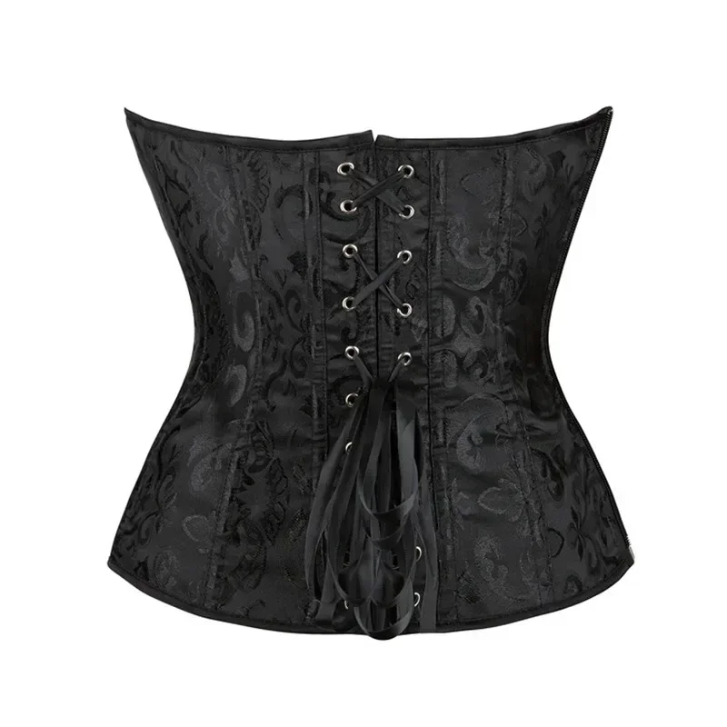 Women Vintage Corset Black Lace-Up Overbust Corset Plus Size Floral Jacquard Corselet Zipper Top Gothic Steampunk Bustier