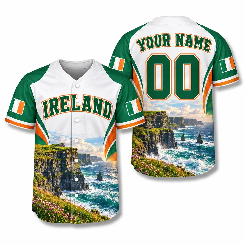 DIY Emerald Ireland Baseball Jersey Celebrates Harp Castle and Atlantic Views Jerseys Shirt Relaxed Fit Travel Nature Shirts