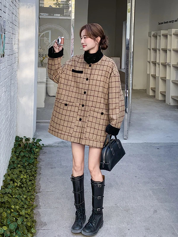 한국 스타일 레트로 체크 울 코트 여성용 가을 겨울 신상품 작은 사이즈 아름다운 울 탑 출퇴근용 스트레이트 롱 코트