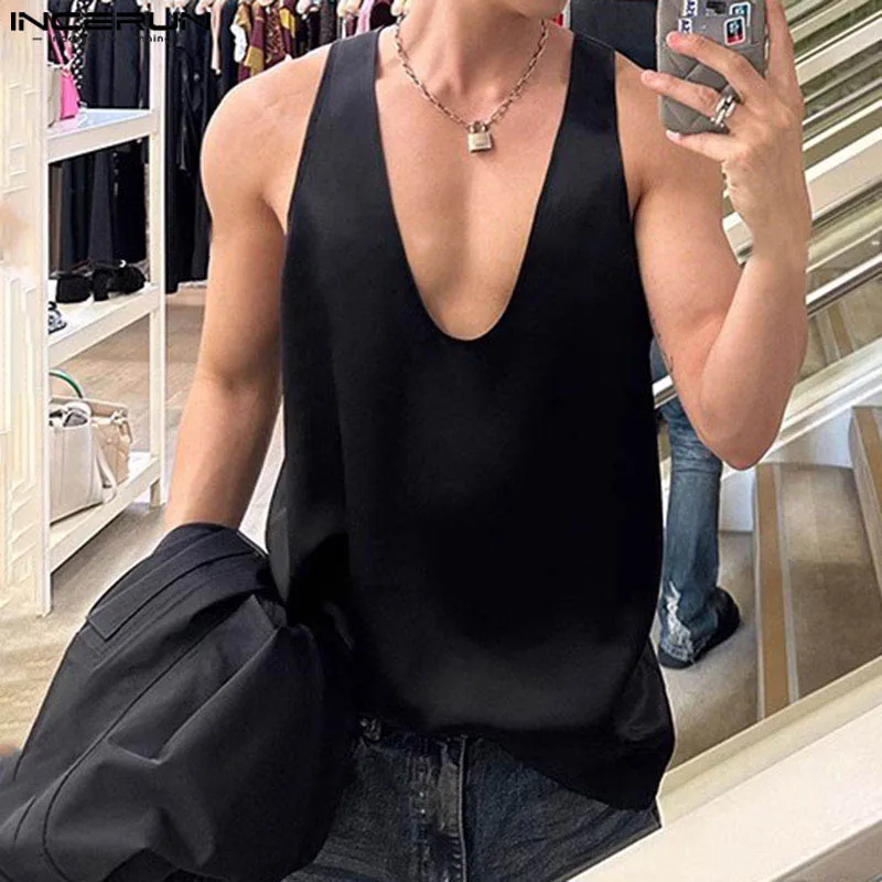 INCERUN Men Tank Tops Satin Solid Color U-neck Collar Sleeveless Male Vests Summer Streetwear 2024 Fashion Casual Men Clothing