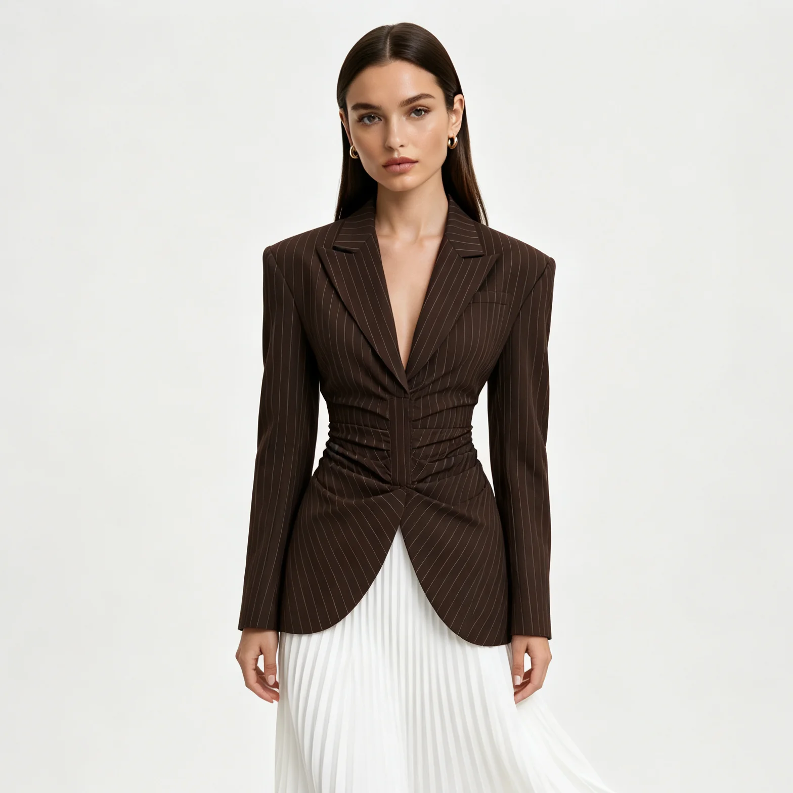 RU Women Pinstripe Ruched Waist Tailored Blazer Lapel Single Button Split Curved Hem Padded Shoulder Elegant Office Outerwear