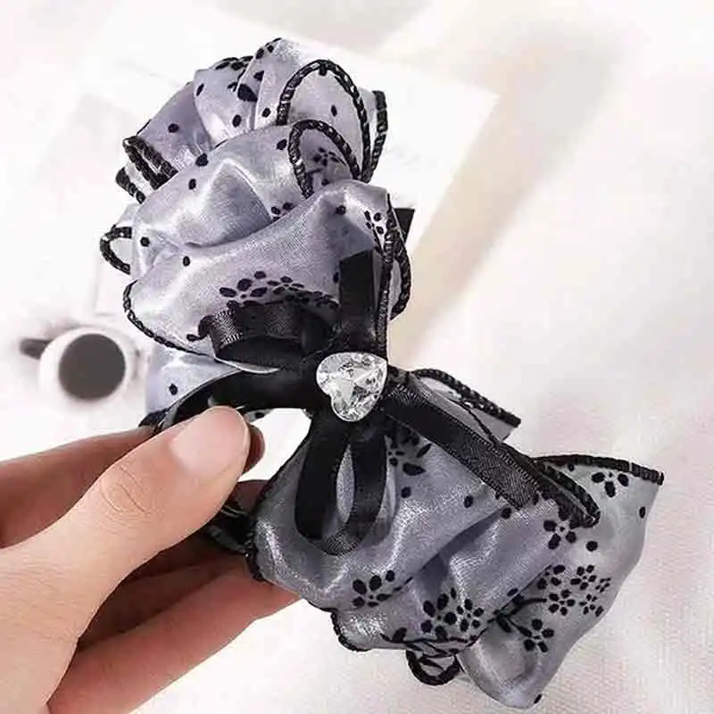 1개 여성용 멀티 컬러 라인스톤 하트 메쉬 리본 헤어 클립 양면 버블 그립 푹신한 헤어 집게 스타일리쉬 헤어 액세서리