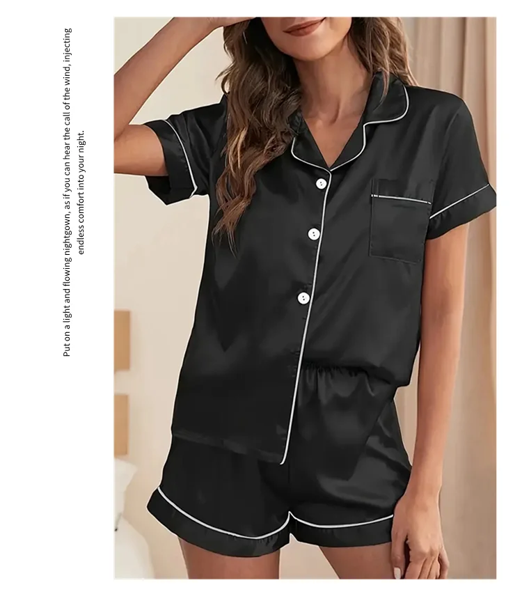 Luxuriöser Satin-Pyjama für Damen, Umlegekragen, Knopfleiste und Shorts, Nachtwäsche und Loungewear für den Sommer, Heimkleidungsanzug – Detail 11