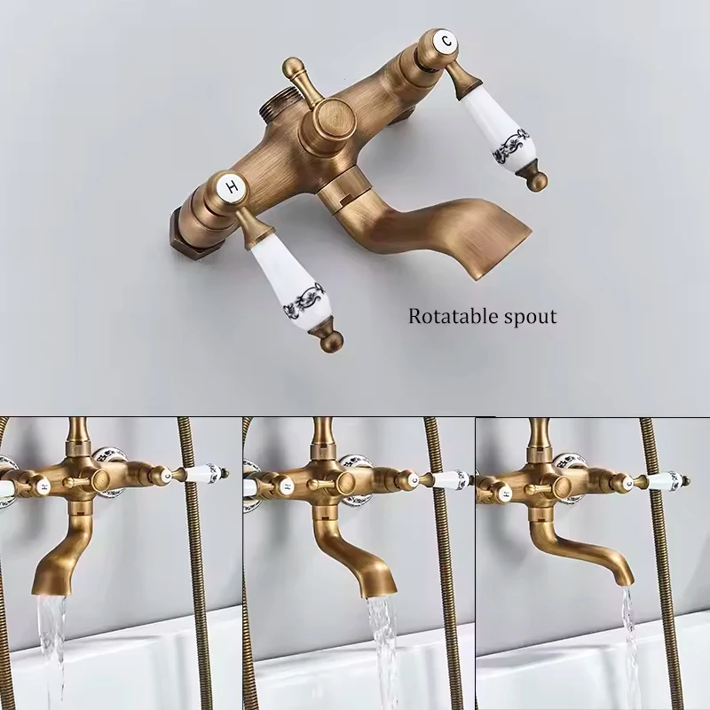 العتيقة النحاس حوض الاستحمام دش الحنفيات مجموعة المزدوج المقابض صنبور حوض خلاط الحائط حمام دش مجموعة قطب حوض صنبور حمام دش