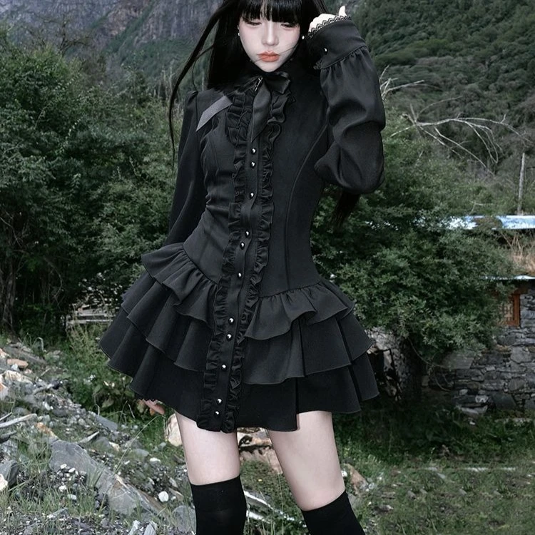 

Black Gothic Lace Women Mini Dress Y2K Japanese Streetwear Lolita Slim Dress Female O Neck Long Sleeve Spicy Girls Vestidos New