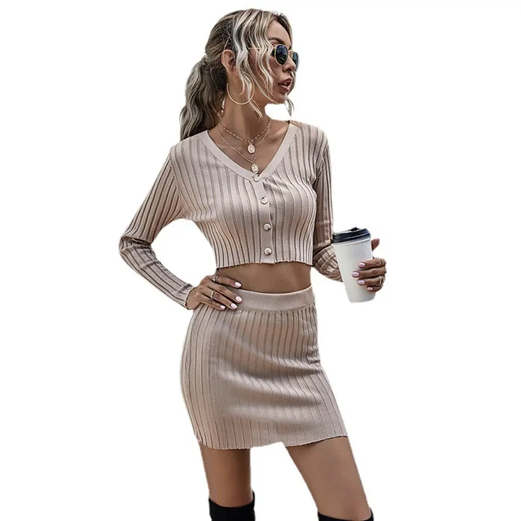 

Solid Color Thin Slim Casual Short Knitted Skirt And Top Set Independent Station European And American Style Women's Fashion