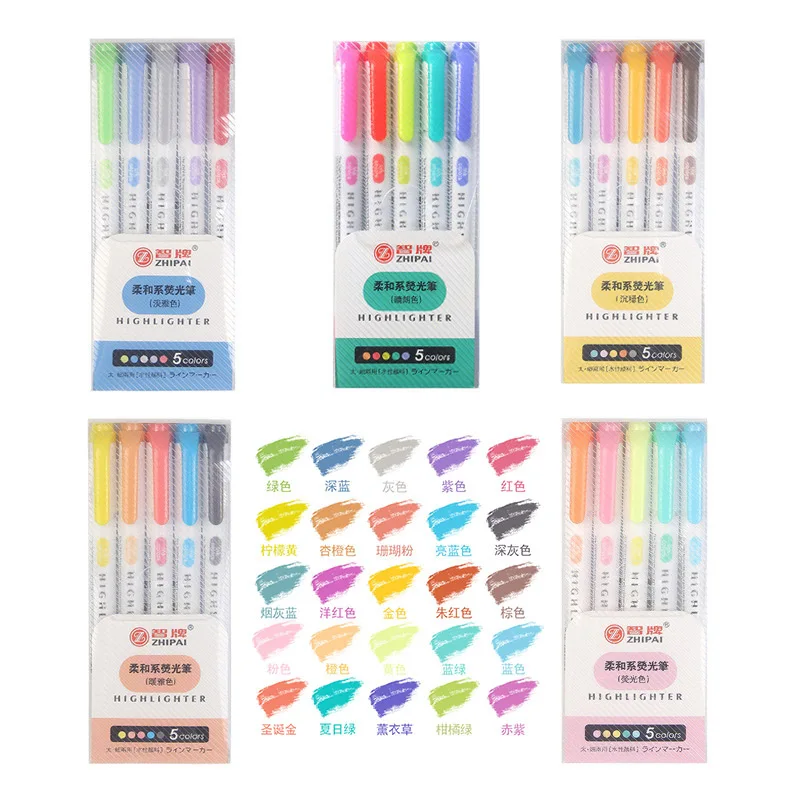 Stylos surligneurs Kawaii à double pointe, marqueurs pastel pour documents, bonbons, manga, touristes, pointe, ensemble de surligneurs, papeterie, 5 pièces