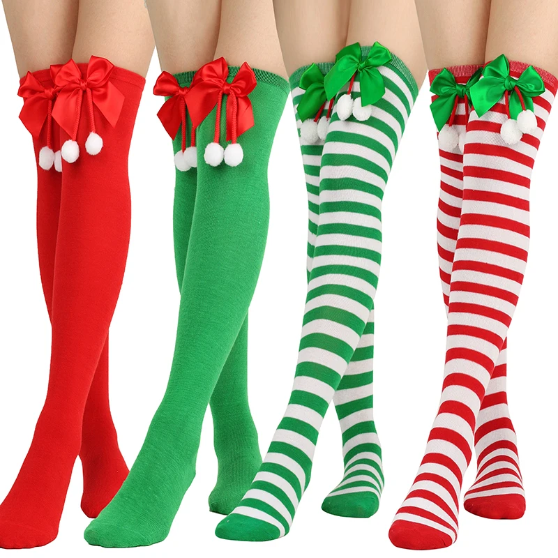 Christmas Striped Long Stockings Bow Christmas Socks Ball Long Socks Fashion Women Soks Sexy Slim Long Soks Striped Hosiery