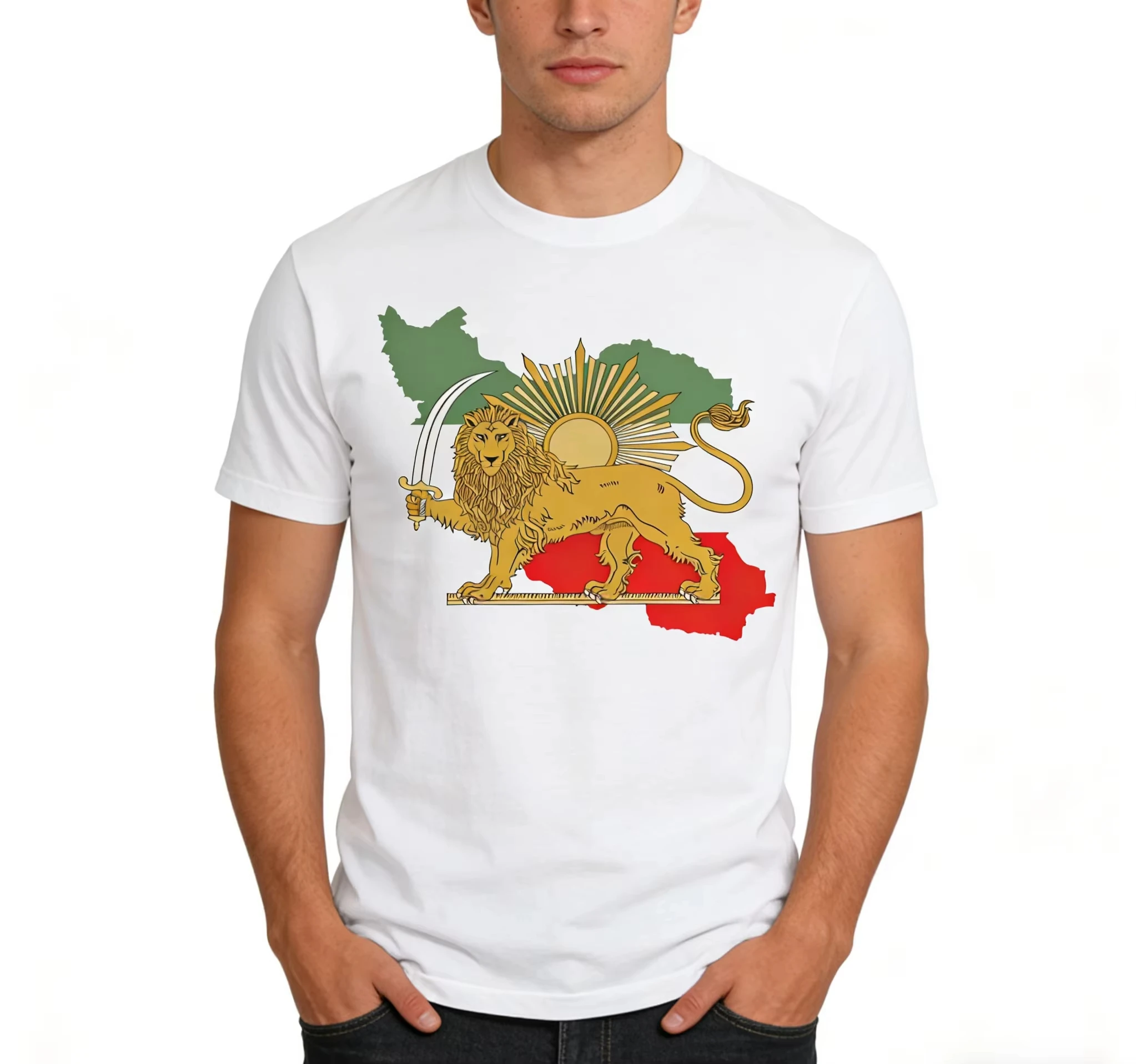 Iran Pahlavi Dynasty Lion and Sun Pattern Printed Men's Sweatshirts Summer Minimalist Casual Sports Loose Short Sleeve T-shirts