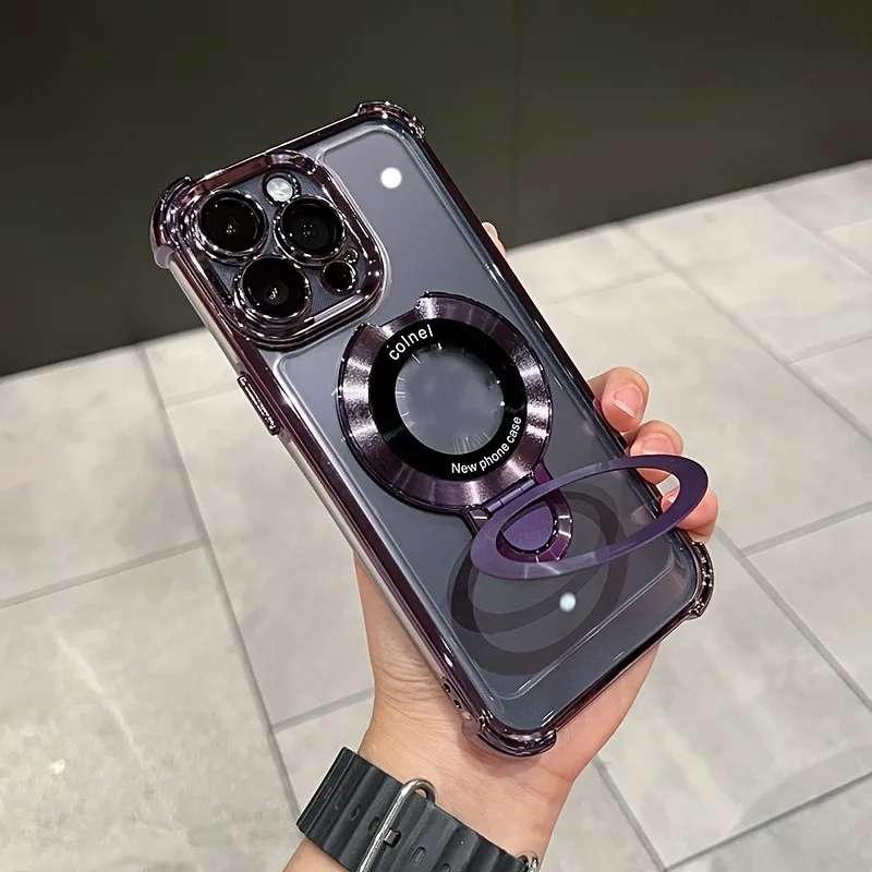 Luxury Clear  Plating Phone Case for IPhone 18 17 16 15 14 Plus 12 13 18 Pro Max with Magnetic Ring Holder Stand Bracket Cover view 6