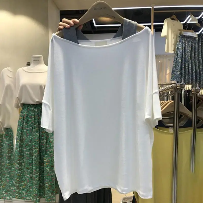 Korean Style Summer Oversize Women\'s Clothing Round Neck Off Shoulder Hollow Out Sling Fake Two Pieces Tops Women Loose T-shirt