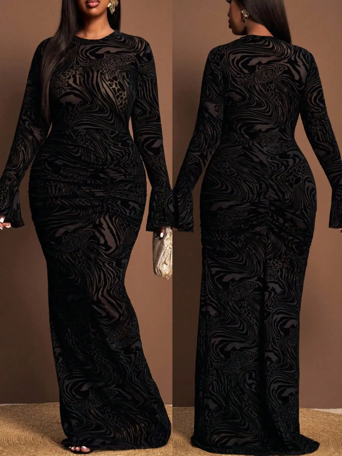 

Black Sheer Flocked Abstract Print Long Sleeve Ruched Bodycon Maxi Dress