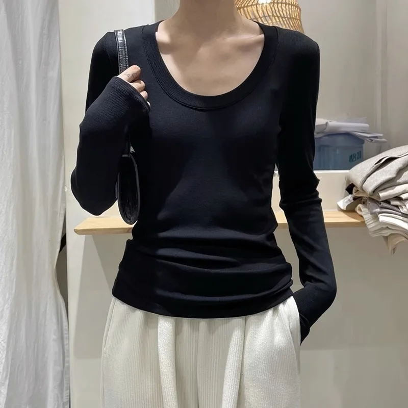 

Black Base Shirt, Women's Long Sleeved 2024 Early Autumn New Item, Round Neck Casual T-Shirt, High-End Feeling, Threaded Top,