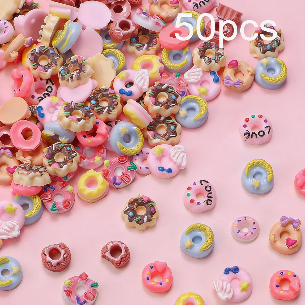 50/100Pcs 3D Colorful Donut Nail Charms Mixed Random Cartoon Doughnut Nails Decorations Resin Dessert DIY Manicure Accessories