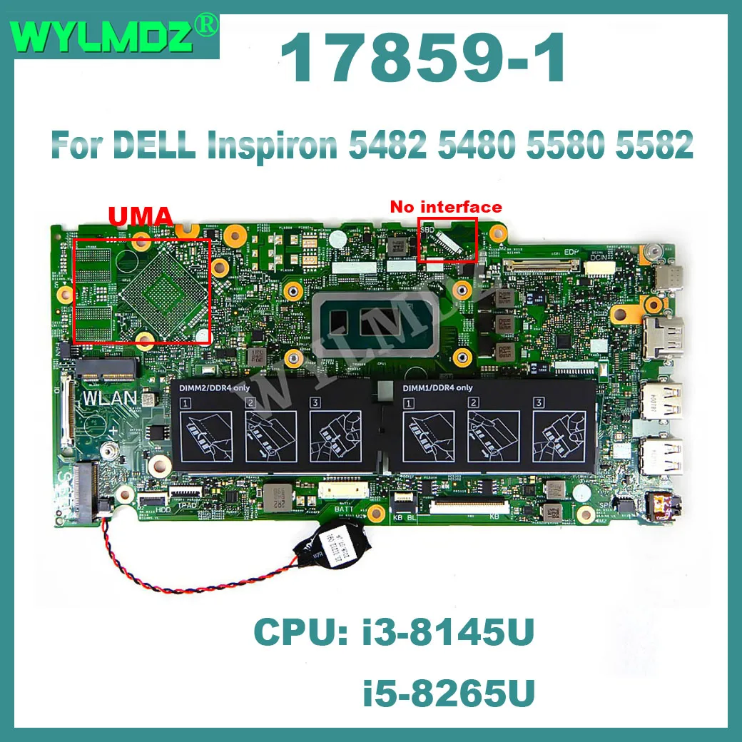 

17859-1 Motherboard For DELL Inspiron 5482 5480 5580 5582 With i3-8145U i5-8265U CPU UMA Laptop Mainboard 100% Full Tested OK