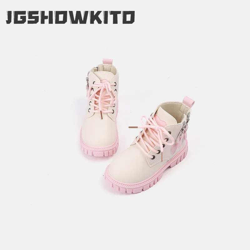JGSHOWKITO Spring Autumn Children Leather Boots Princess Fashion Girls Heart Short Boots Thick Bottom Non-slip Kids Ankle Boots