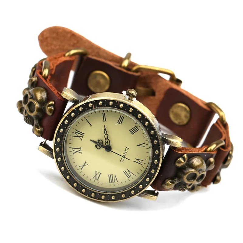 New Fashion Women Genuine Leather Quartz Wrist Watch Female Watches Vintage Alloy Skull Accessories Bracelets Belt Buckle Bangle