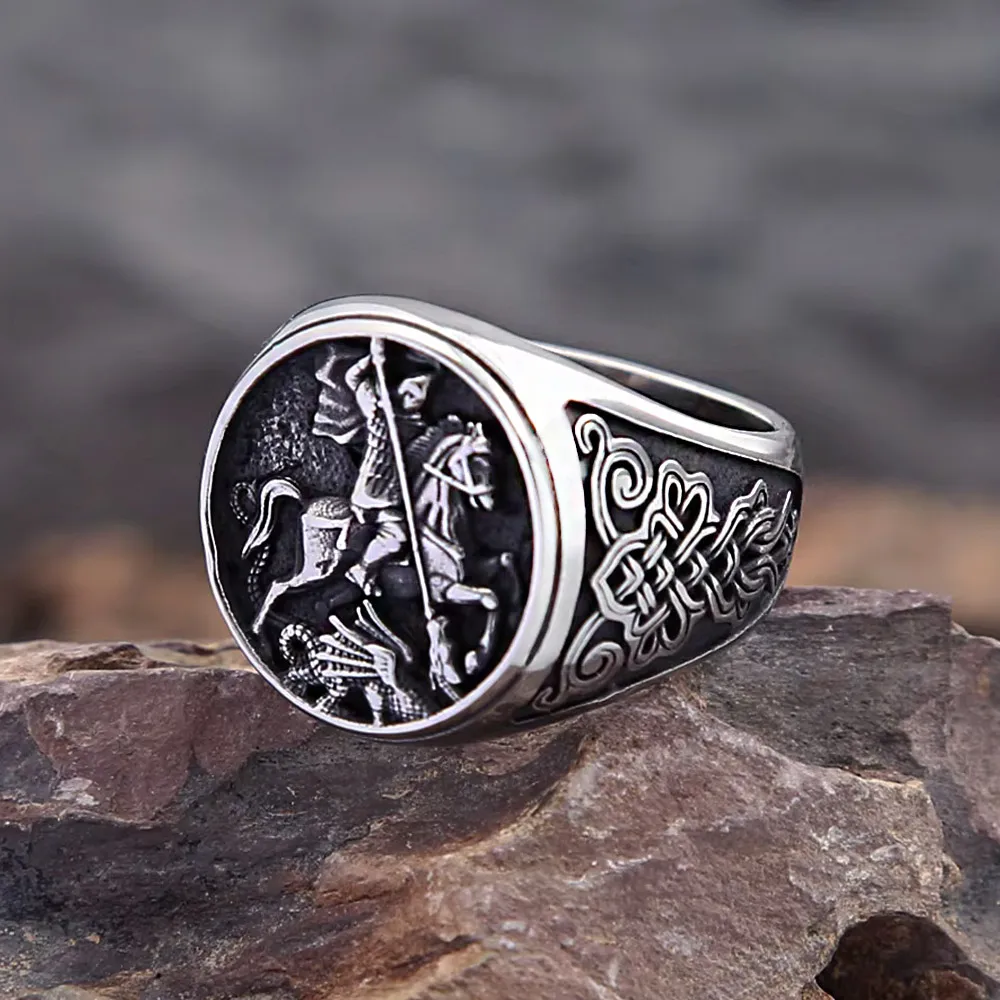 Retro Punk Gothic Knight Dragon Stainless Steel Ring Interwoven Celtic Knot Carved Ring For Male Party Stylish Accessory Gifts
