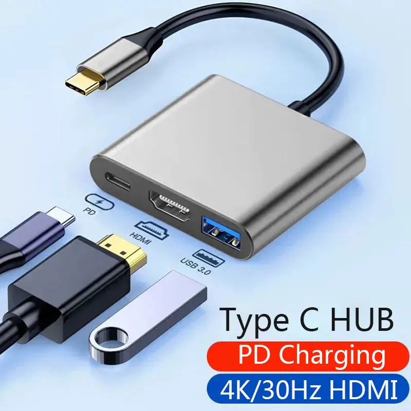 3-in-1 USB C Hub with 100W Power USB 3.0 4K HDMI-compatible for MacBook Surface Chrome Steam Deck Stable Smart Adapter