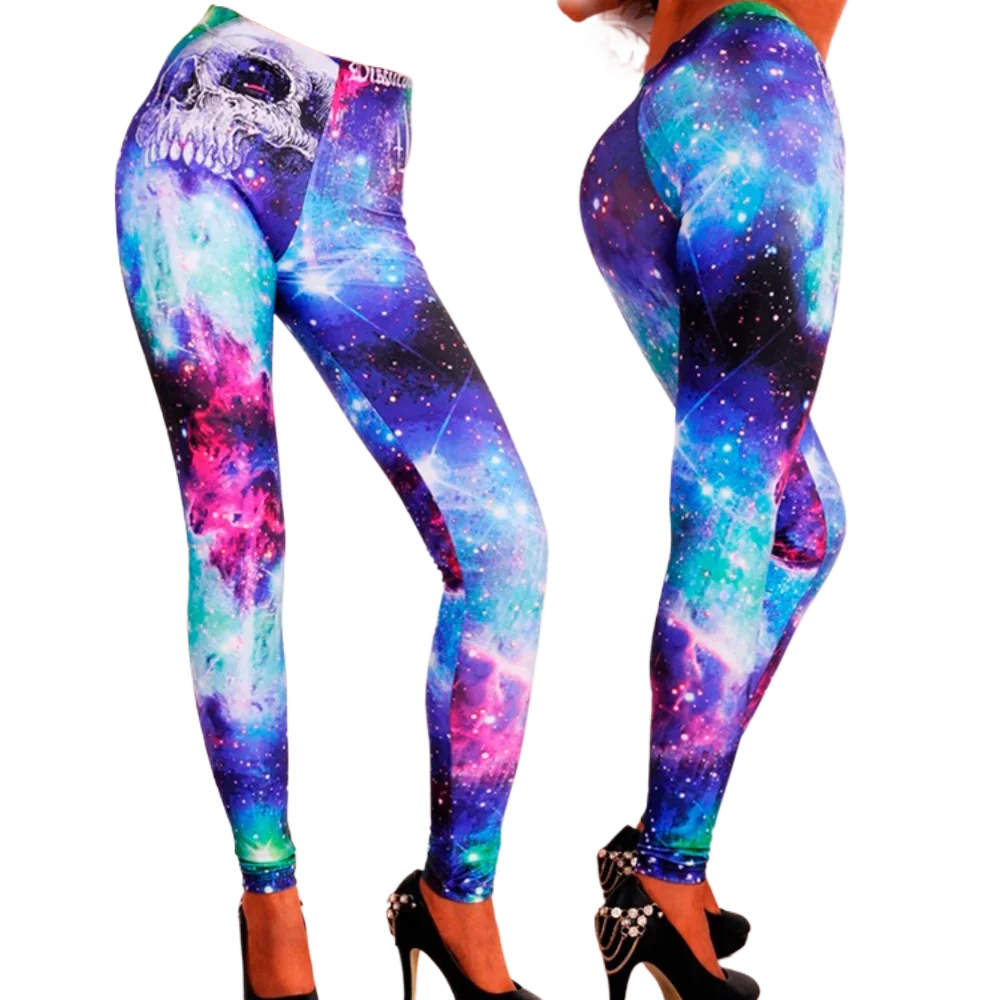 Womens Galaxy Print Leggings Skull Pattern 3D Digital Neon Starry Sky High Waisted Stretchy Tights Pants