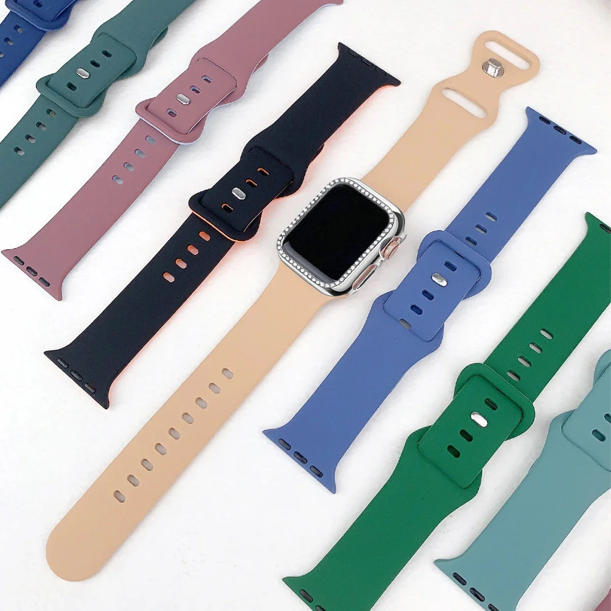 Diamond Case+Silicone Strap for Apple Watch Band 49/45/44/42/41/41/38mm Soft Silicone for iWatch SE Series 9 8 7 6 5 4 3 2 Cover