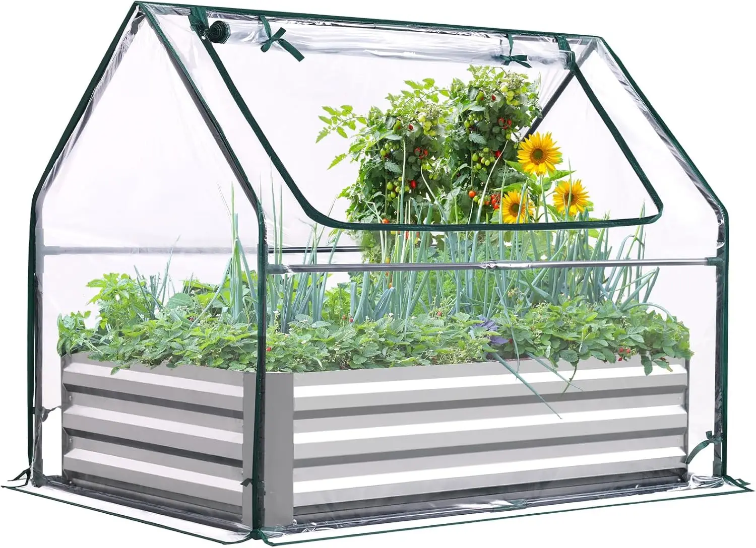 

Raised Garden Bed with Cover Outdoor Galvanized Steel Planter Box Kit with Greenhouse Large Zipper Window Dual Use, 20p