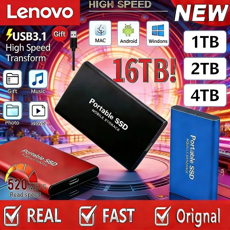 

НОВЫЙ Внешний твердотельный накопитель Lenovo большой емкости 16 ТБ с бесшумной работой, мобильное хранилище, SSD USB3.2 Type-C, высокоскоростной твердотельный диск